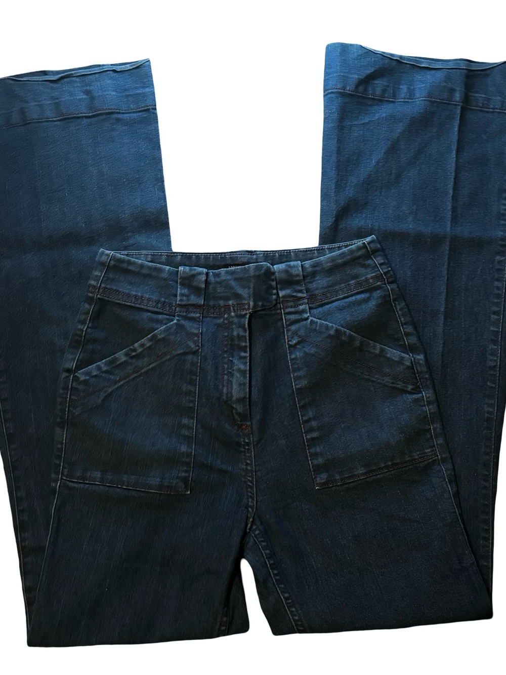 Forever 21 High-Rise Patch-Pocket Flare Jeans in a dark indigo wash.